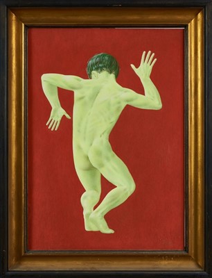 Lot 1166 - Francis Plummer (1930-2019) egg tempera on board - male dancing, initialled and dated ‘84, framed, 59cm x 42cm