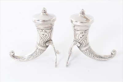 Lot 322 - Pair Norwegian Sterling silver salts in the form of Viking Longships, together with a pair of Norwegian Sterling silver cornucopia and two silver plated spoon. (qty)