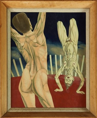 Lot 1167 - Francis Plummer (1930-2019) egg tempera on board - male acrobats, unsigned, framed, 49cm x 39cm