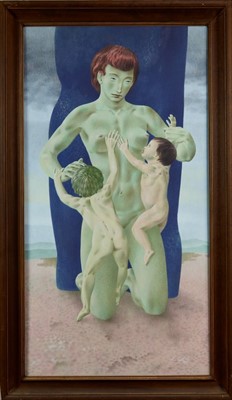 Lot 1169 - Francis Plummer (1930-2019) egg tempera on board - mother and children, initialled and dated ‘79, framed, 109cm x 57cm