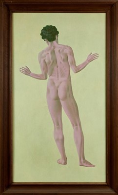 Lot 1170 - Francis Plummer (1930-2019) egg tempera on board - standing figure, initialled and dated ‘77, framed, 107cm x 57cm