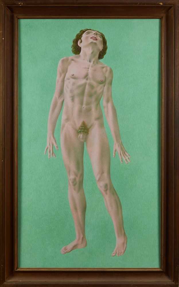 Lot 1171 - Francis Plummer (1930-2019) egg tempera on board - standing figure, initialled and dated ‘77, framed, 107cm x 57cm