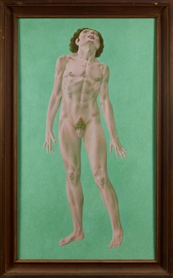 Lot 1171 - Francis Plummer (1930-2019) egg tempera on board - standing figure, initialled and dated ‘77, framed, 107cm x 57cm