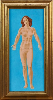 Lot 1173 - Francis Plummer (1930-2019) egg tempera on board - standing female, initialled and dated ‘76, framed, 46cm x 20cm