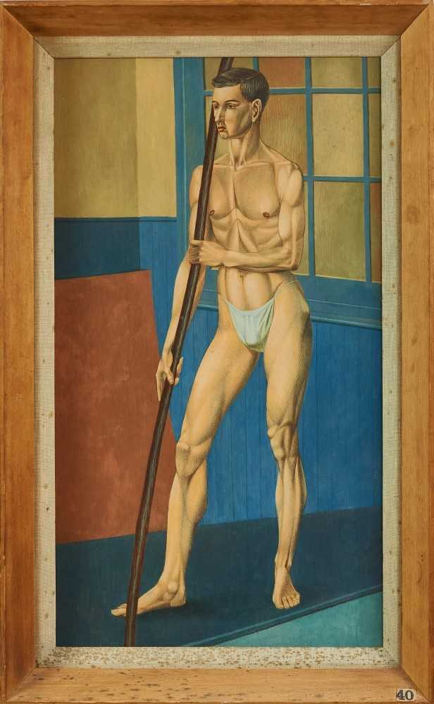 Lot 1178 - Francis Plummer (1930-2019) egg tempera on board - male figure with staff, unsigned, framed, 60cm x 35cm