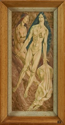 Lot 1179 - Francis Plummer (1930-2019) egg tempera on board - three muses, unsigned, framed, 45cm x 19cm