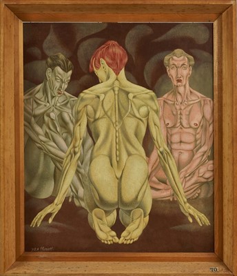 Lot 1180 - Francis Plummer (1930-2019) egg tempera on board - three seated males, signed, framed, 61cm x 51cm