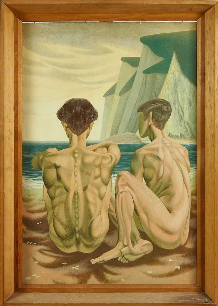 Lot 1181 - Francis Plummer (1930-2019) egg tempera on board - two figures looking out to sea, unsigned, framed, 46cm x 75cm