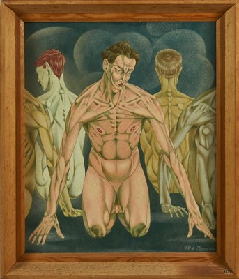 Lot 1184 - Francis Plummer (1930-2019) egg tempera on board - kneeling figures, signed, framed, 61cm x 50cm