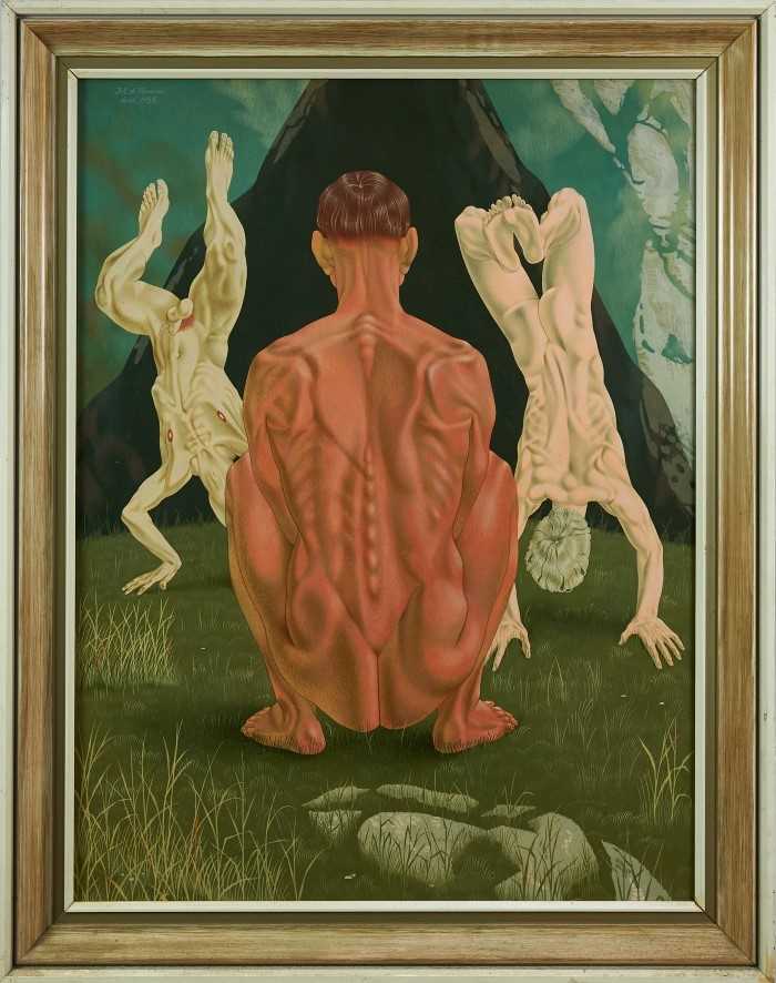 Lot 1193 - Francis Plummer (1930-2019) egg tempera on board - acrobats, signed and dated April 1958, framed, 100cm x 75cm