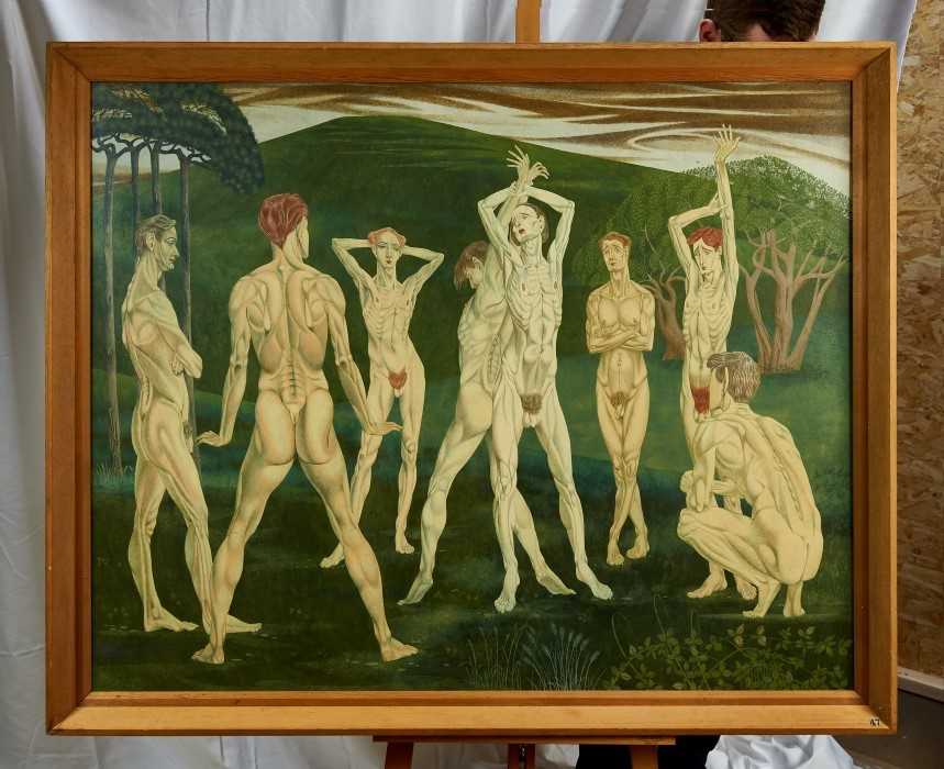 Lot 1194 - Francis Plummer (1930-2019) egg tempera on board - ritualistic dance, unsigned, framed, 100cm x 125cm