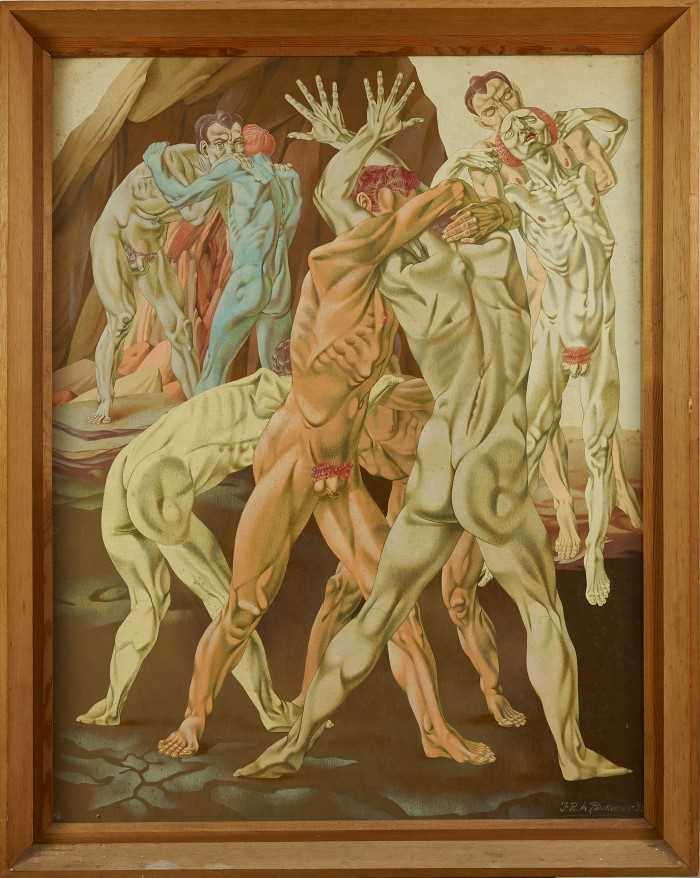 Lot 1197 - Francis Plummer (1930-2019) egg tempera on board - wrestling figures, signed and dated ‘55, framed, 90cm x 70cm