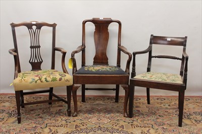 Lot 1265 - George II walnut crook arm elbow chair, George III elbow chair and Regency elbow chair