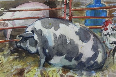 Lot 867 - Peter Partington, contemporary, pencil and watercolour - 'Attitude' the Mistley Pig, signed, in glazed frame, 26cm x 36cm