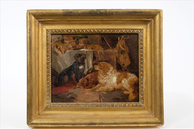 Lot 866 - Circle of Sir Edwin Henry Landseer (1802-1893) oil on panel - Gun Dogs in the Game Larder, indistinctly inscribed verso and dated 1867, in gilt frame, 12.5cm x 17cm