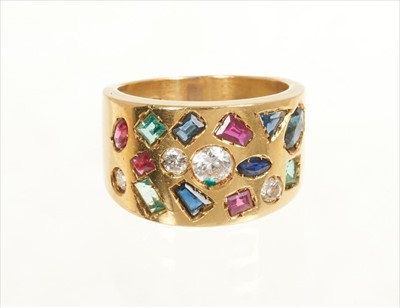 Lot 454 - 18ct gold diamond and multi gem set thick band ring