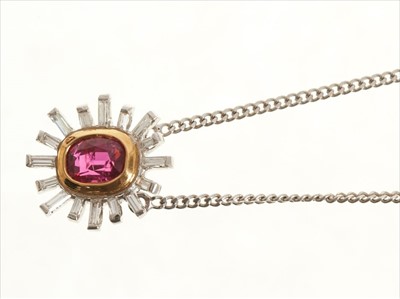 Lot 491 - Ruby and diamond starburst cluster pendant in 18ct white gold setting and chain