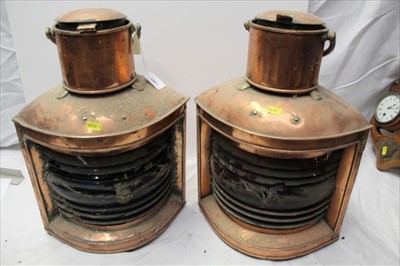 Lot 1901 - A large pair of brass ships lamps, later converted to electric, 48cm height