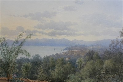 Lot 1137 - W. V. De Velde, 19th century, pencil and watercolour - coastal view believed to be St. Tropez from San Raphael, South of France, signed and dated 1884, in glazed gilt frame