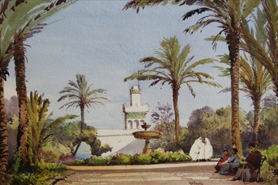 Lot 1138 - Gabriel Carelli (1820-1900) pen and brown ink, watercolour and body colour - The Old Villa of the Phare, Algiers, signed and inscribed, further signed, dated 1883 and inscribed to mount, in glazed...