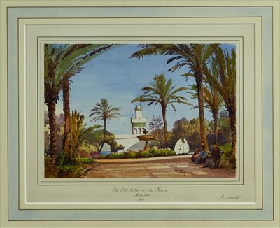 Lot 1138 - Gabriel Carelli (1820-1900) pen and brown ink, watercolour and body colour - The Old Villa of the Phare, Algiers, signed and inscribed, further signed, dated 1883 and inscribed to mount, in glazed...