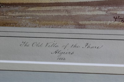 Lot 1138 - Gabriel Carelli (1820-1900) pen and brown ink, watercolour and body colour - The Old Villa of the Phare, Algiers, signed and inscribed, further signed, dated 1883 and inscribed to mount, in glazed...