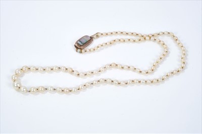 Lot 502 - Cultured pearl necklace with rose gold and abalone clasp