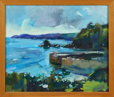 Lot 1139 - Robin Leonard, contemporary, oil on canvas - Charleston Harbour, Cornwall, signed, framed, 50cm x 60cm