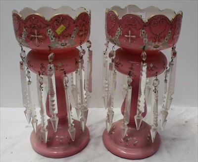 Lot 1913 - Pair of Victorian pink glass lustres with painted floral decoration and prismatic drops, 35cm high