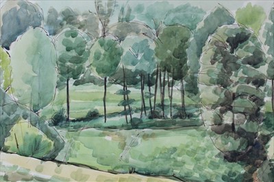 Lot 1206 - Frank Sisley (1921-?) watercolour - Elmstead Wood, August 23. 52. Signed and dated, unframed, 28cm x 38cm, inscribed verso with the four members of the Shoreham Group