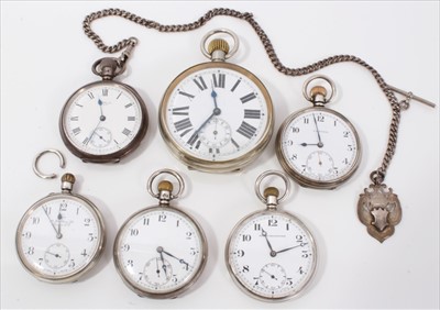 Lot 584 - Five Victorian and later silver stem wind pocket watches and plated Goliath- type travelling watch