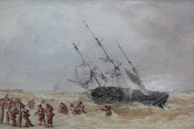 Lot 1214 - Dutch School, 19th century watercolour - beached ship, in glazed gilt frame