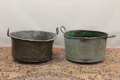 Lot 1358 - Two old copper coppers with two handles, approximately 50cm and 60cm diameter