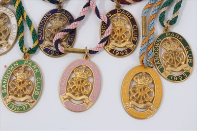 Lot 803 - Collection of enamel racing badges for Sandown Park Club spanning 1987-1999 (13 items)