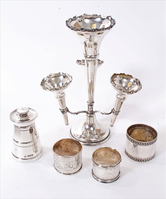 Lot 342 - Silver épergne, silver pepper grinder and and two silver napkin rings