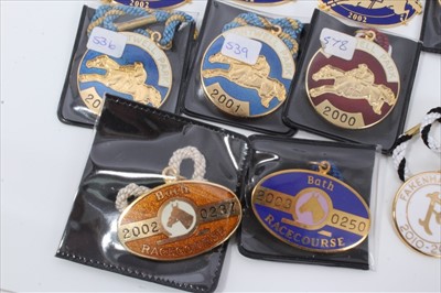 Lot 804 - Good collection of enamel racing badges comprising: Fontwell Park 2000, 2001 (x2) and 2002 (x3). Exeter 2012-2017 (6). Haldon Race Club 2003, 2008-2012. Uttoxeter 2003 (x2). Bath 2002-2003. Fakenha...