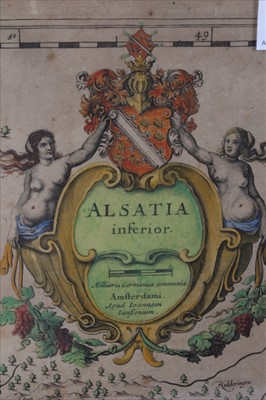 Lot 623 - Jan Jansson (1588-1664) hand coloured map - ‘Alsatia Inferior’ published Amsterdam, circa 1640, 36 x 43cm, glazed frame