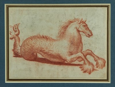 Lot 1208 - 17th century, Italian Old Master, sanguine on paper - A Hippocampus, in glazed gilt frame, 18cm x 25cm