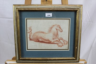 Lot 1208 - 17th century, Italian Old Master, sanguine on paper - A Hippocampus, in glazed gilt frame, 18cm x 25cm
