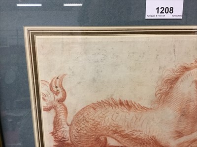 Lot 1208 - 17th century, Italian Old Master, sanguine on paper - A Hippocampus, in glazed gilt frame, 18cm x 25cm