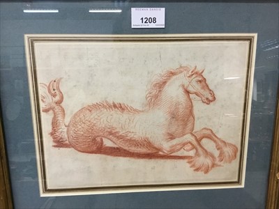Lot 1208 - 17th century, Italian Old Master, sanguine on paper - A Hippocampus, in glazed gilt frame, 18cm x 25cm