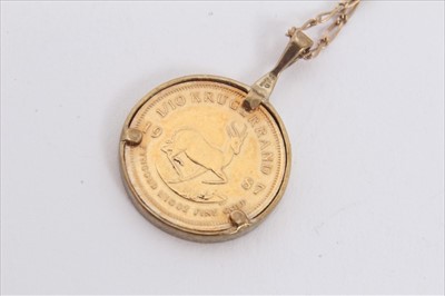 Lot 64 - Gold 1/10 Krugerrand, 1987, in 9ct gold pendant mount on 9ct gold chain