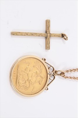 Lot 71 - Victorian gold sovereign 1887 in pendant mount on chain together with a 9ct gold cross pendant