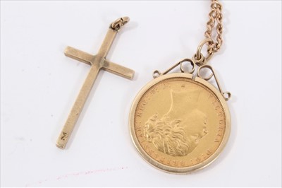 Lot 71 - Victorian gold sovereign 1887 in pendant mount on chain together with a 9ct gold cross pendant