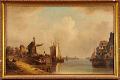 Lot 935 - Dutch School- 19th Century oil on canvas - Dutch town and river view with boats and a windmill 49cm x 76cm