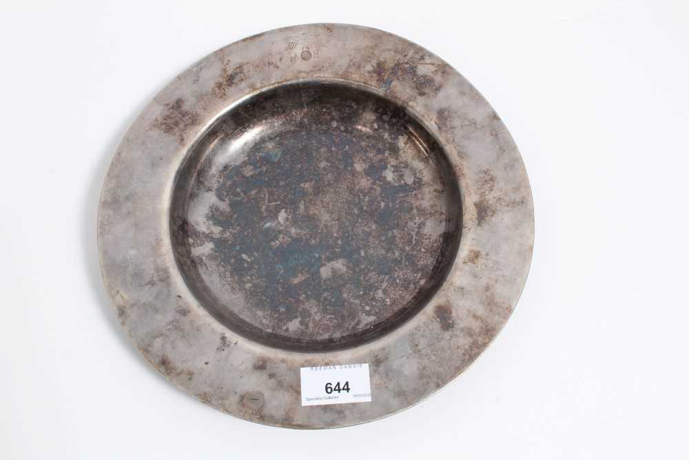 Lot 644 - Silver plated Nazi calling card dish with engraved 'A H' and Eagle and Swastika to rim, underside stamped Wellner. Approx 27cm in diameter. Provenance Lockdales 17th - 18th March 2018, lot 468