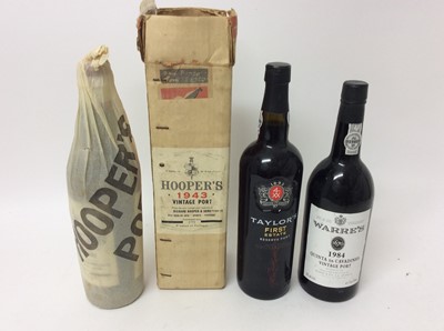 Lot 102 - Three bottles of port - Hooper’s 1943 vintage port, Warre’s 1984 vintage port, Taylor’s First Estate Reserve port (3)