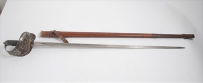 Lot 750 - George V 1897 pattern Infantry Officers' sword with silver plated guard and wire bound shagreen grip, straight fullered blade by Sanderson Bros & Newbould Ld, Sheffield, etched with Royal Arms, cip...