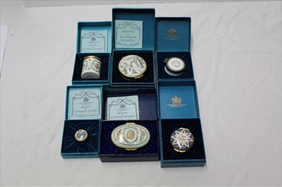 Lot 865 - Six boxed Bilston and Battersea enamel boxes including antique golfing scene, Happy Birthday  and A Token of Love