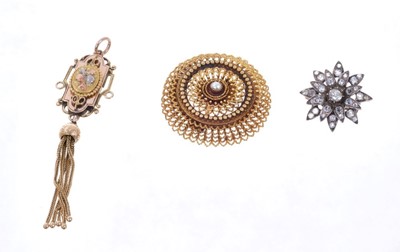 Lot 486 - 19th century yellow metal circular filigree brooch, Victorian three colour gold fob with tassel drop and a Victorian paste set flower brooch